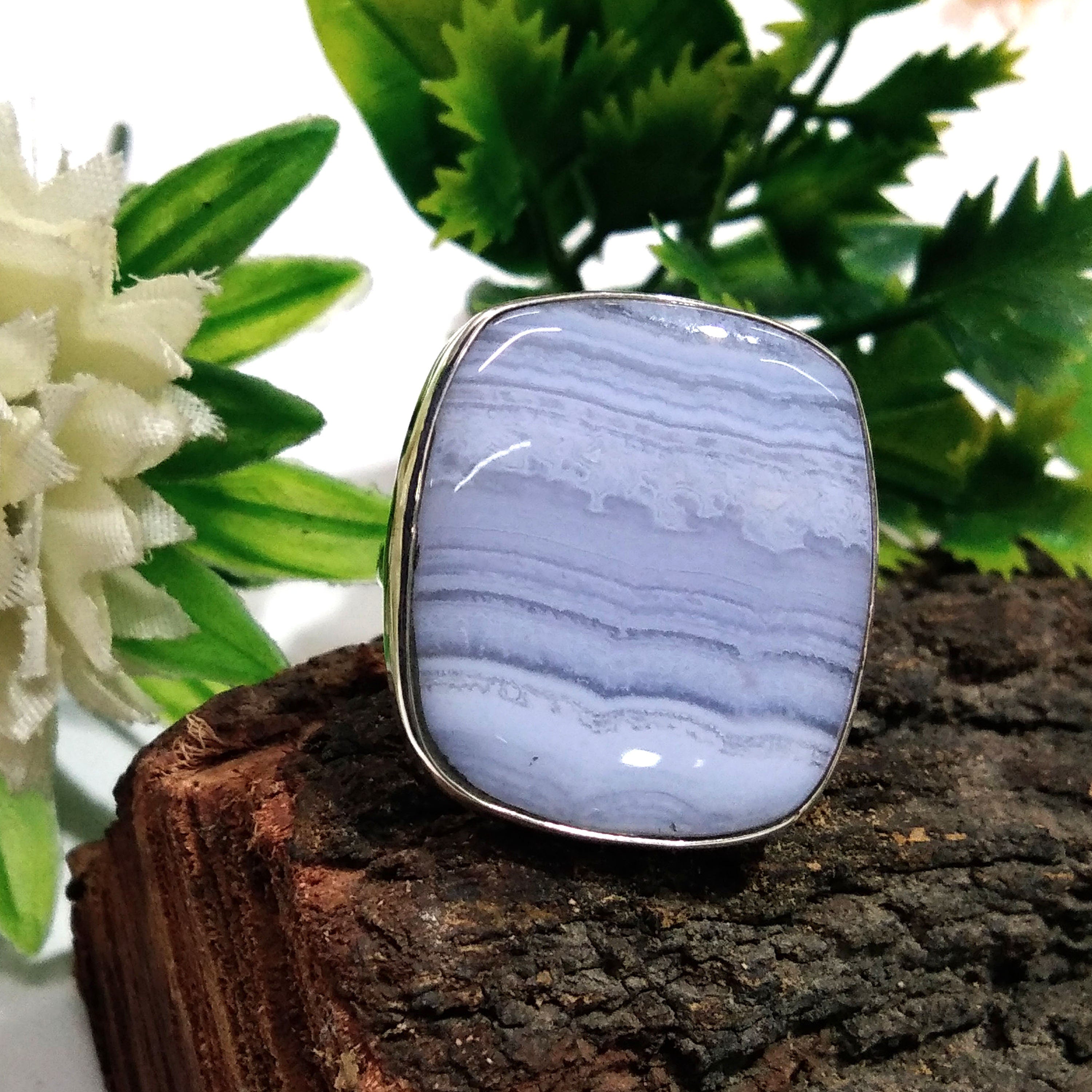 Natural Blue Lace Agate Gemstone Ring, 925 Solid Starling Silver Ring, Jewelry Stone Size 27x24mm Statement Ring, Gift Birthday Ring Jewelry